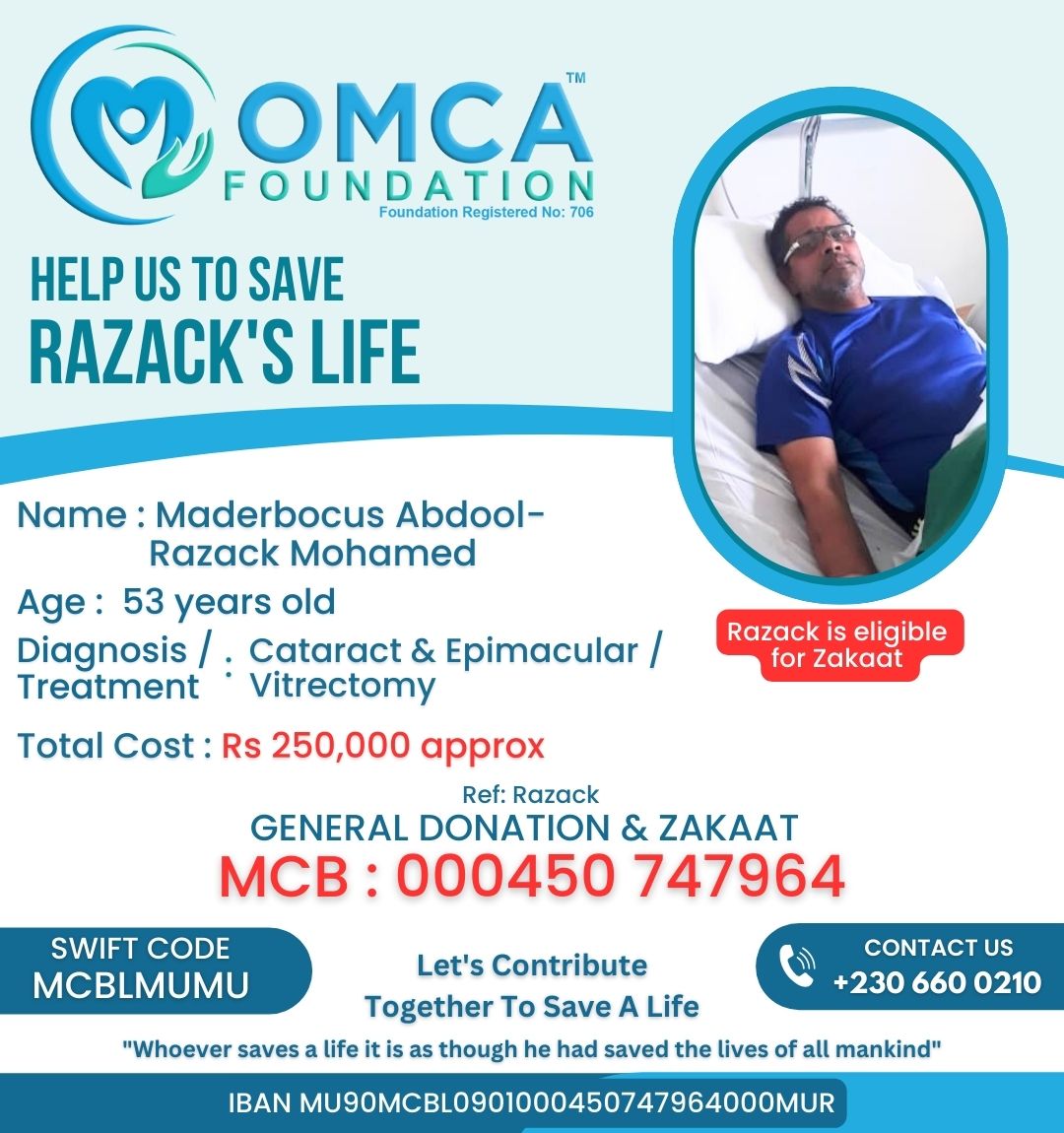 help save razack’s life – urgent eye treatment & surgery support