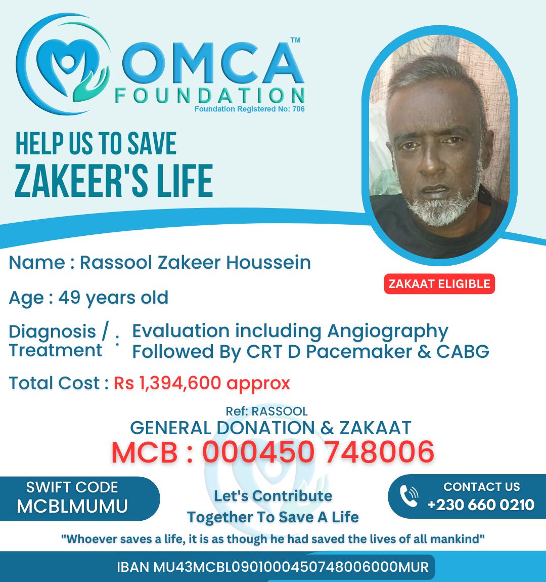 help save zakeer’s life – urgent heart surgery & crt d pacemaker treatment