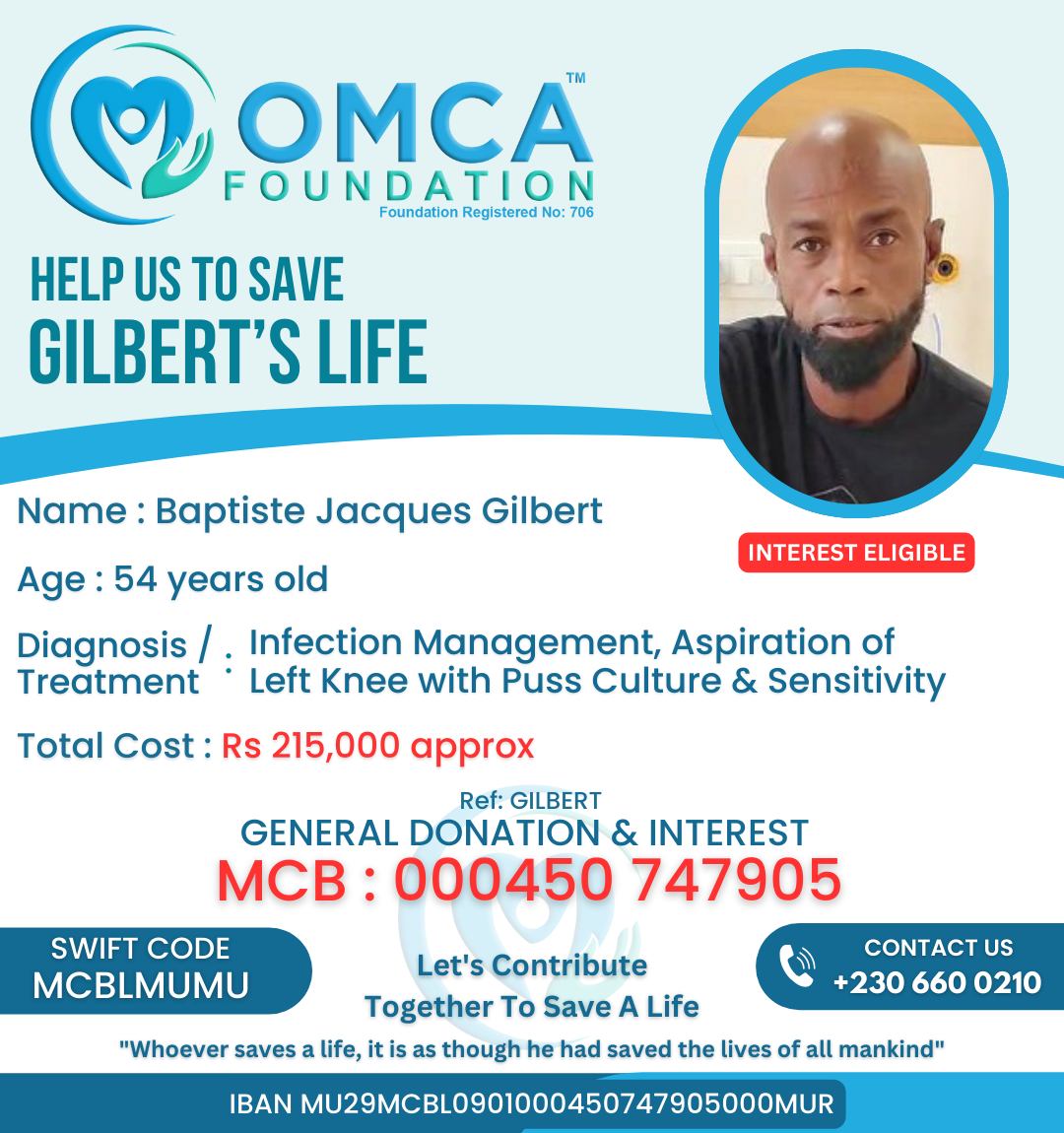 help save gilbert’s life – urgent infection management & knee treatment