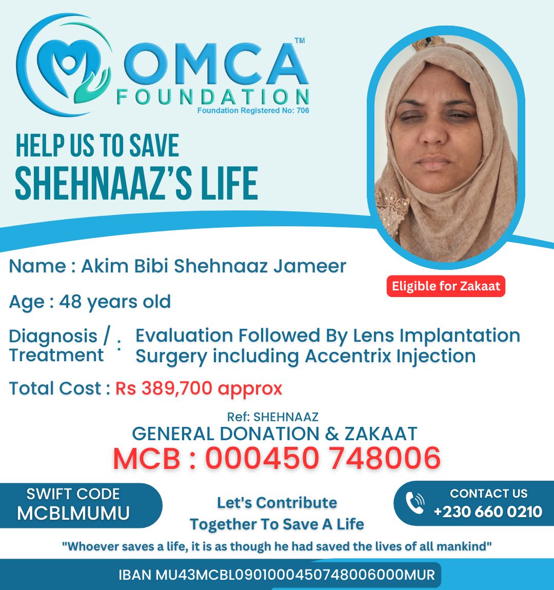 help save shehnaaz’s life – urgent eye surgery & lens implantation