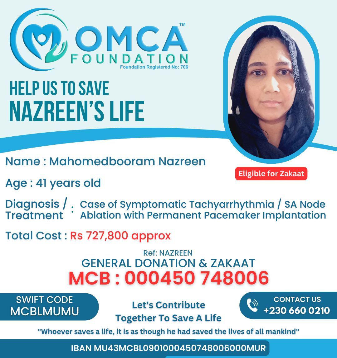 help save nazreen’s life – urgent cardiac treatment & pacemaker implantation
