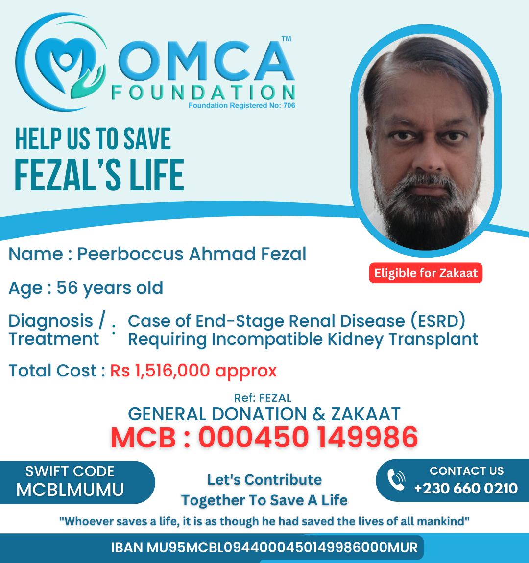 help save fezal’s life – urgent kidney transplant donation support