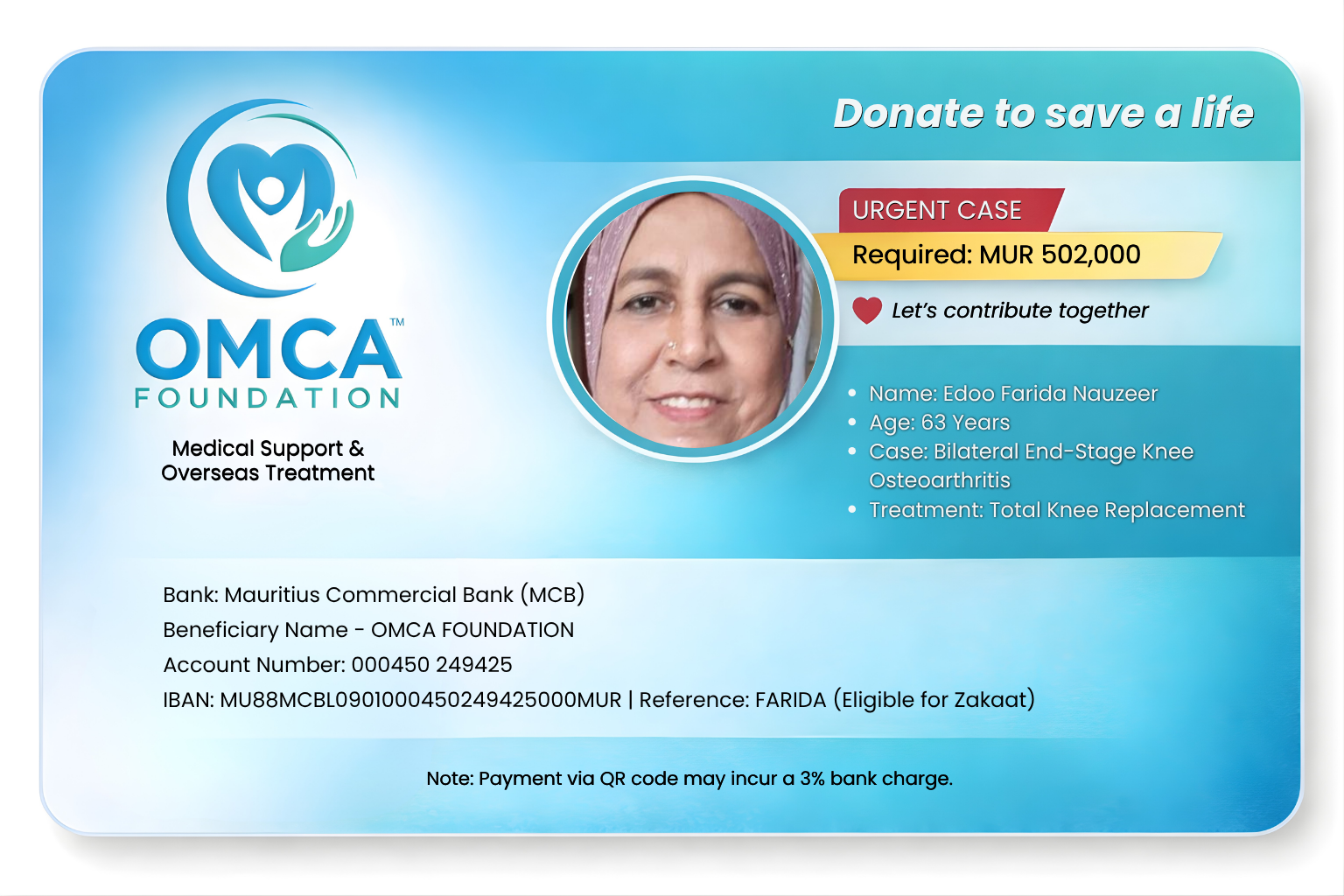 help save farida’s life – urgent knee replacement surgery support