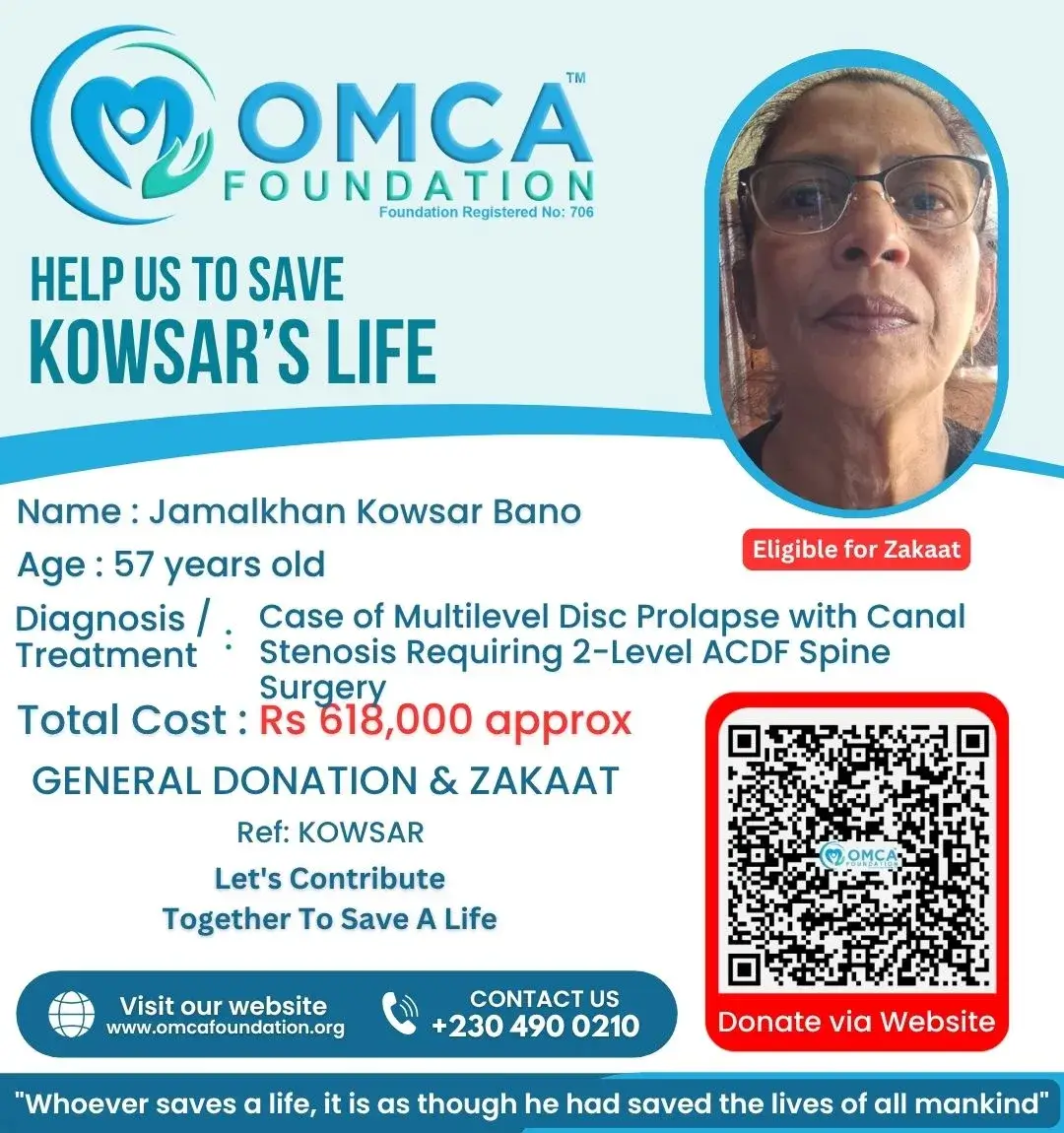 Help Save Mrs. Jamalkhan Kowsar Bano – Urgent Spine Surgery Support