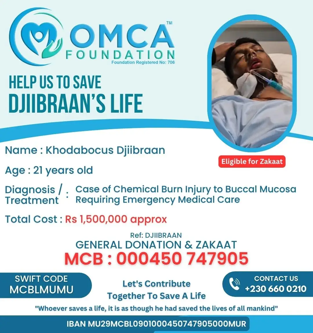 Help Save Mr. Khodabocus Djibraan’s Life – Urgent ICU Treatment Support